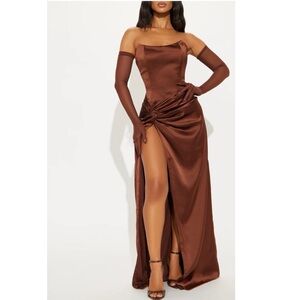 Fashion Nova Teagan Prom/Wedding Satin Maxi Dress Set - Chocolate